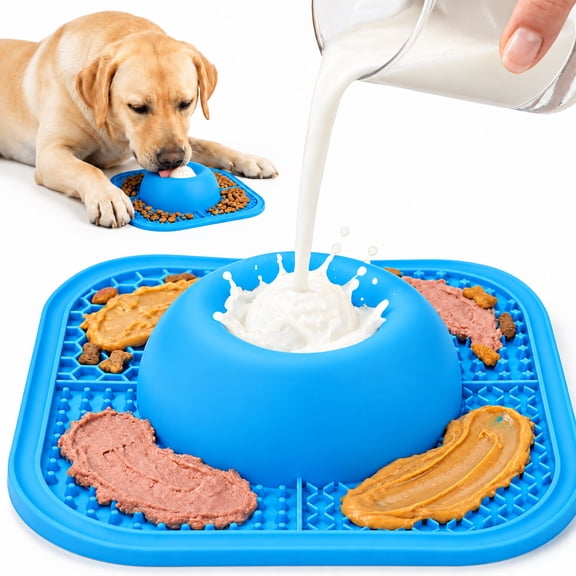 Slow Feeder Bowl & Lick Mat, Non-Slip Interactive Feeding Toy with Rolling Ball, Blue for Pets