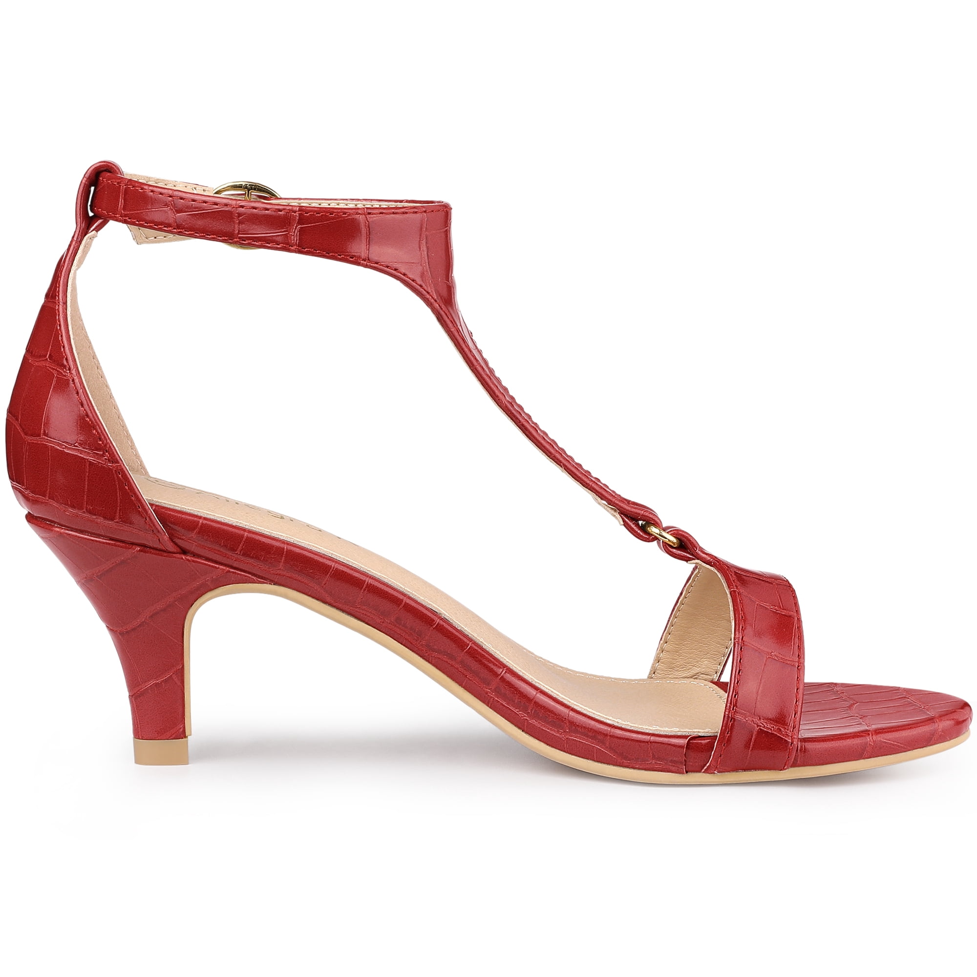 DARING DIVA Women's T Strap Embossed Kitten Heel Sandals Red 8.5