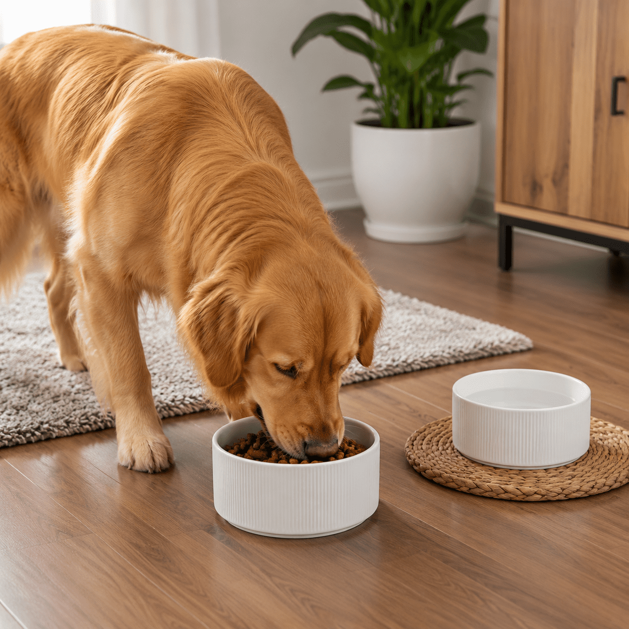 Ceramic Dog Bowl - Water Dish for Dogs - Heavyweight and Durable Pet Food and Water Dish Crock, Dishwasher Safe, Modern White 6.10" x 6.10" x 2.28"