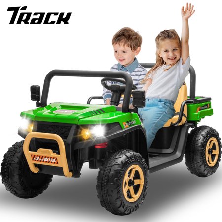 Track 7 24V 2 Seater Ride on Car, 25.79" Width Large Seat, 24V Ride On UTV w/Remote Control, Automatic Tipping Bucket, Bluetooth, Portable Handle, Electric Car Truck for Boys Girls Age 3+, Green