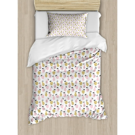 Fruit Art Duvet Cover Set Twin Size, Repetitive Pattern with Abstract Apples and Pears, Decorative 2 Piece Bedding Set with 1 Pillow Sham, Rose Charcoal Grey Pale Yellow Fawn, by Ambesonne