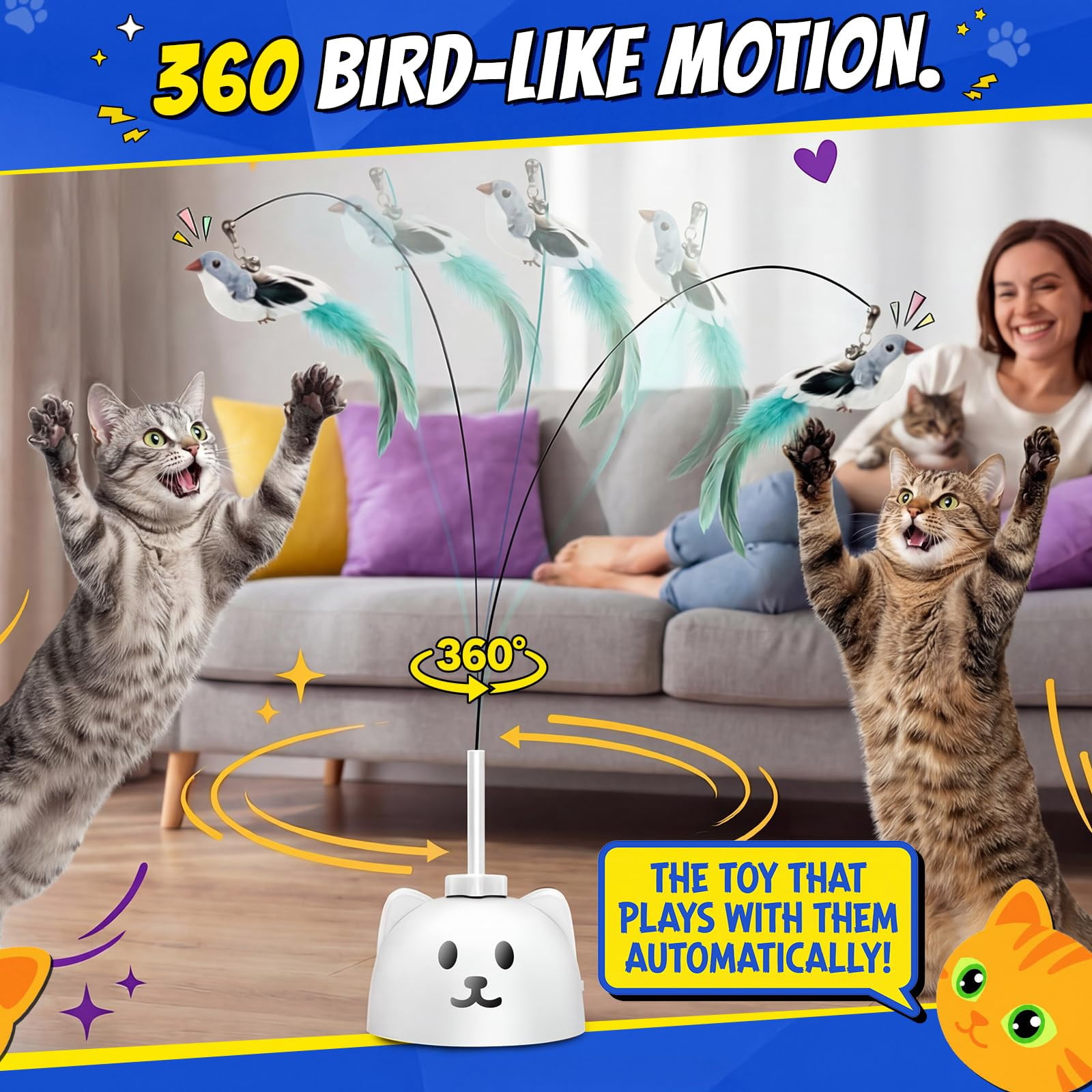 Interactive Cat Toys For Indoor Cats - Automatic Flying Bird  Usb Rechargeable Electric Teaser With Strong Sticky Base Smart Motion Self-play Bored Cats(green)