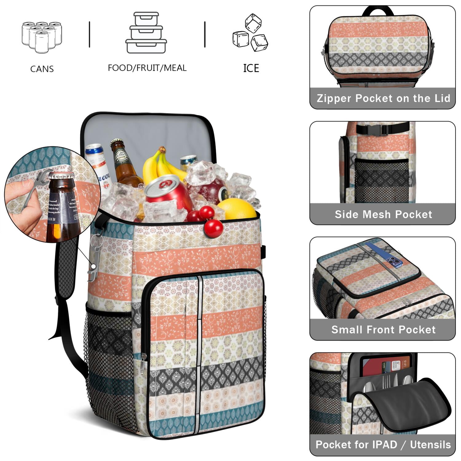 Travel Cooler Bag - Boho Bohemia Pioneer Flower Geometric Line Art Camping Beer Cooler Backpack with Bottle Opener- Waterproof Insulated Picnic Backpacks - Cooler Bag for Beach