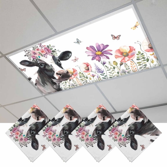 Cow Flower Magnetic Fluorescent Light Covers for Ceiling Lights 2x4Ft, Farmhouse Cattle Plants Butterfly Floral Office Classroom Kitchen Drop Ceiling Light Covers Lighting Filters Shade Panel 4Packs