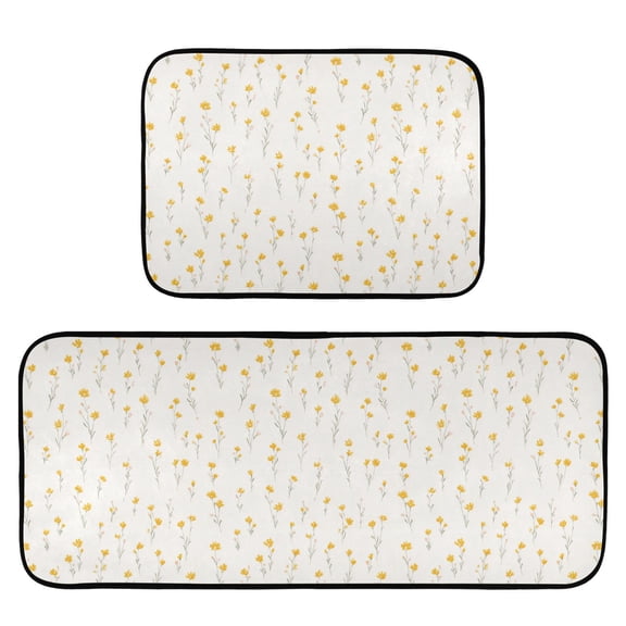 2-Piece Kitchen Mat Set Non Slip Washable Floor Mats Decorative Rugs for Kitchen Sink Laundry Tiny Yellow Flowers Pattern