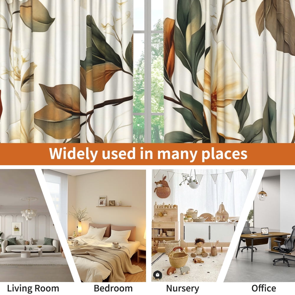Lfeey Bedroom Blackout Curtains 63 Inches Long, Botanical Leaves Vintage Rod Pocket Window Drapes, Room Darkening, 2 Panels