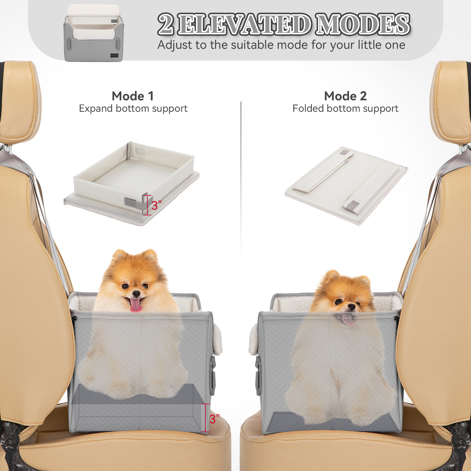 PETSFIT 16in Pet Booster Car Seat, Portable Dog Car Seats for Small Dogs with Clip-On Leash, Patent Safe Buckles,Up to 25lbs ,Light Grey
