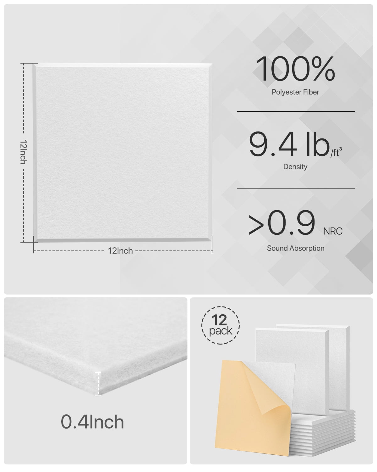 Soundsbay Soundproof Wall Panels Square Self-Adhesive Soundproof Absorbing Noise Cancelling Wall Panels 12 Pack White 12'' x 12'' x 0.4''
