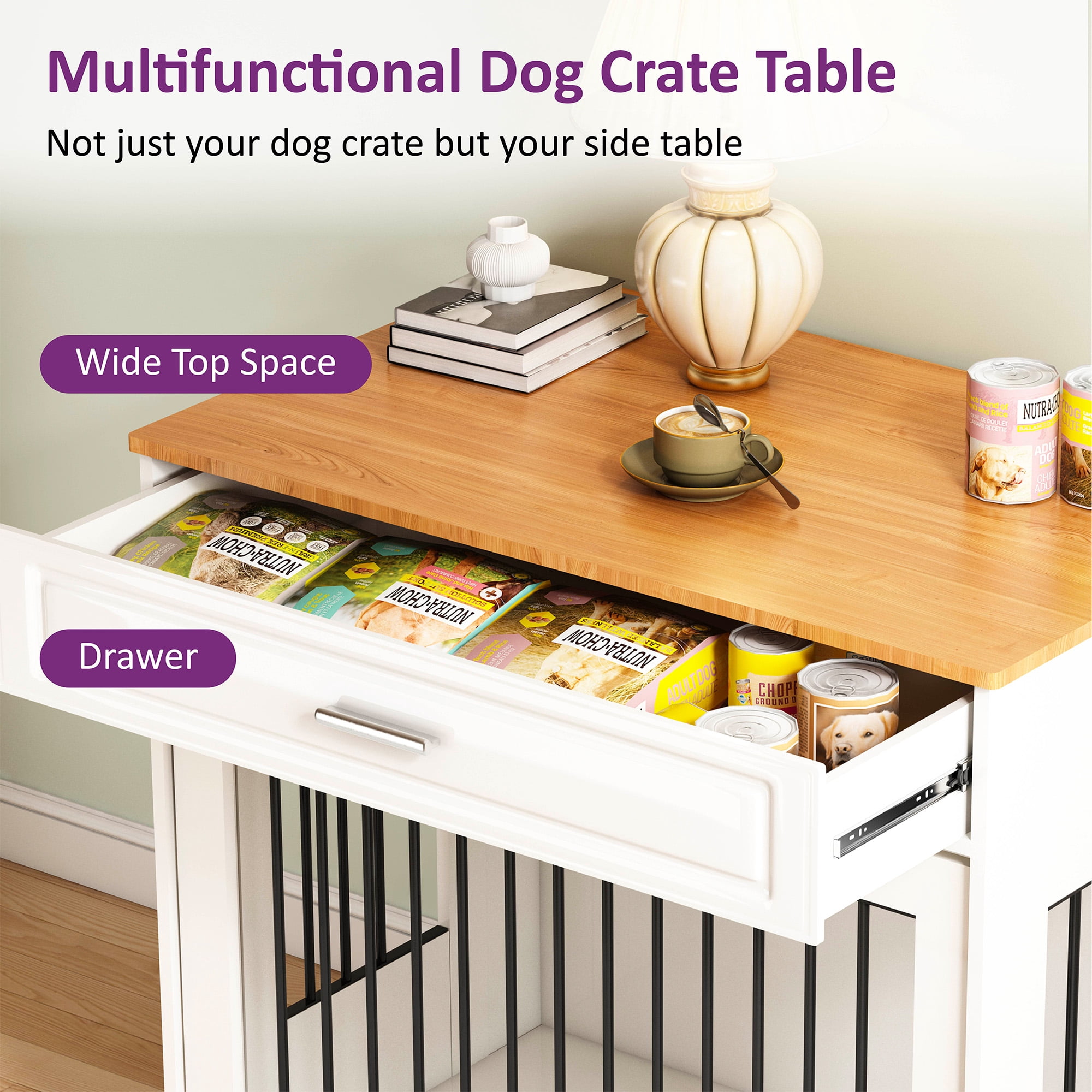 Whifea 37.4'' Large Dog Crate Furniture with Flip-up Door, 360° Rotating Feeder, Furniture Style for Large Dogs, White