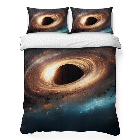 Quilts Queen Size Bedding Set, Black Hole Lightweight Quilted Comforter, Starfield Gold Glowing Disk Soft Reversible Bedspread Coverlet with Pillow Covers for All Season, 90" x 96"