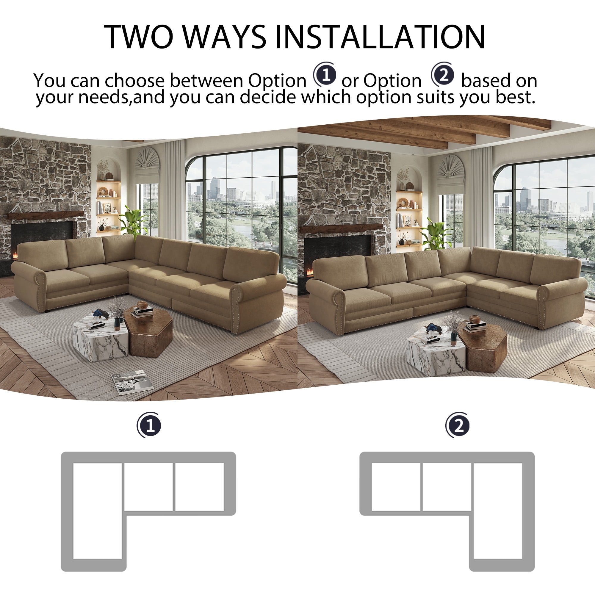 LLappuil Sectional Sofa, Pull Out Sofa Bed King Size, 6 Seat Chenille Sofa Couch Convertible Sleeper Sofa Bed for Living Room Camel