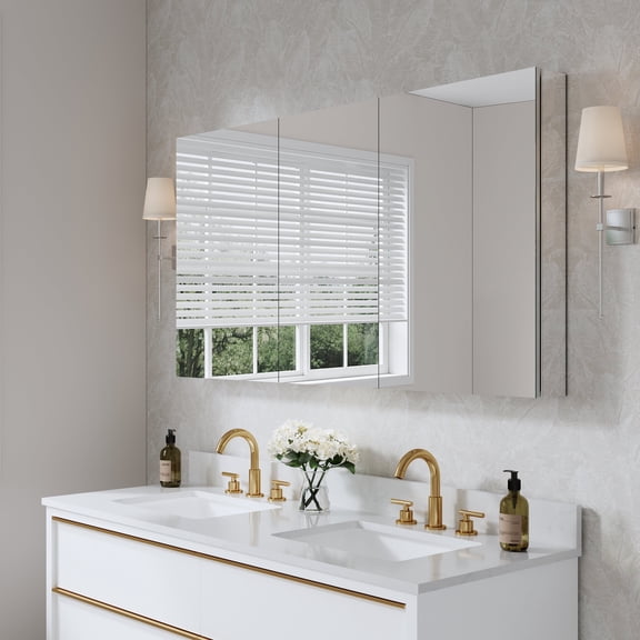 ANGELES HOME 56" x 30" Rectangle Medicine Cabinet Mirror, Surface Mount or Recessed Medicine Cabinet with Tempered Mirror, Anodized Aluminum Frame, Bathroom Mirror with Storage, Three Opening Door