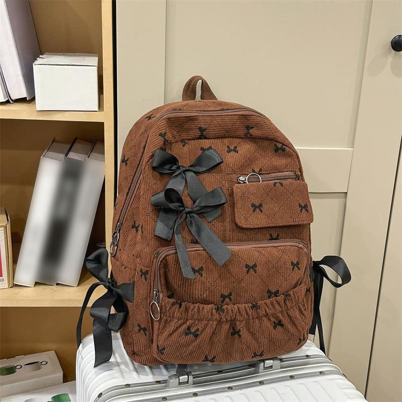 Yucurem Large Capacity Corduroy Backpack with Bow, Lightweight 15.75 inch Laptop Bag for Women, Aesthetic Daypack for College Travel (Brown)