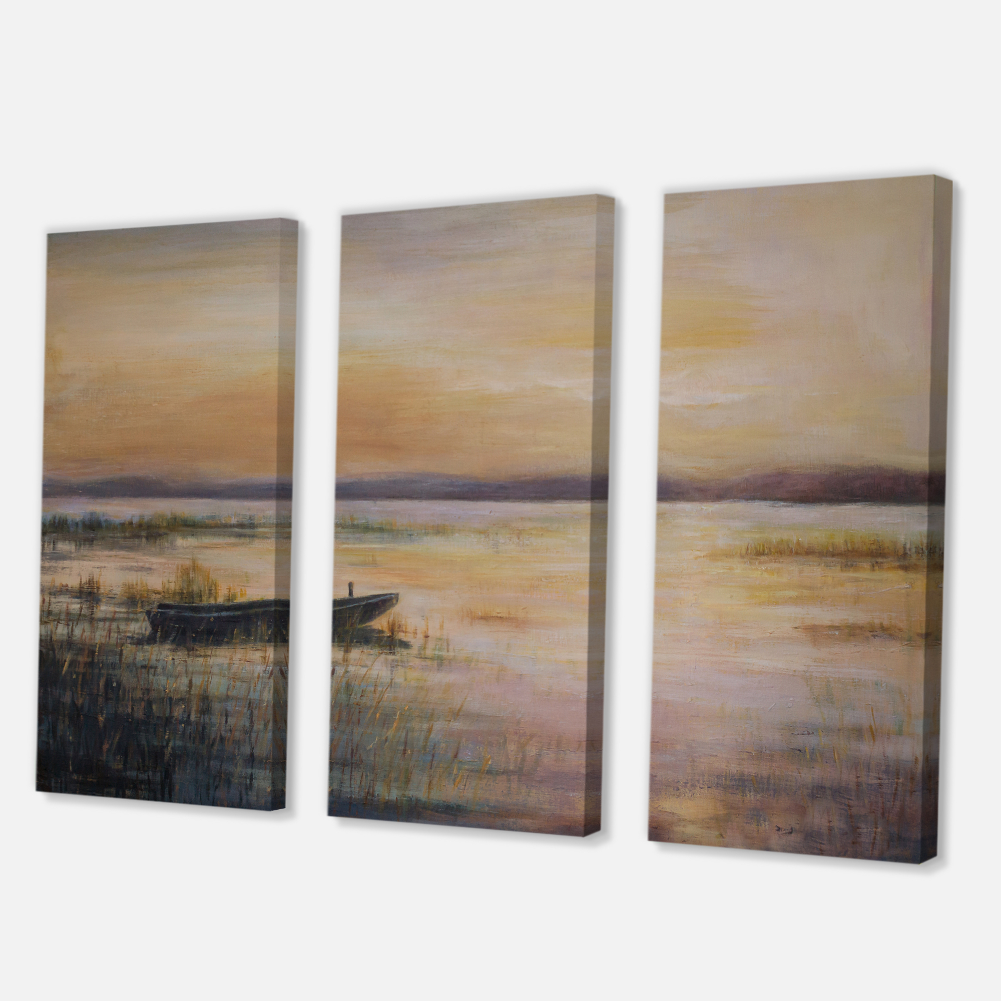 Designart ' Pastel Boat Sunset Over The Lake ' Nautical & Coastal Canvas Wall Art Print