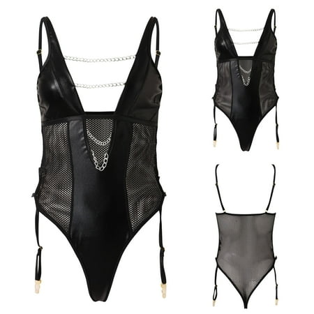 

dmqupv Lace up Bodysuit Romper High End Pure Desire Women PU Leather Three Point Rhinestone Lingerie for Women Set Black Medium