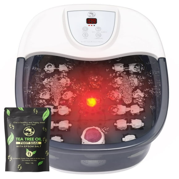 Masajeador de baño para pies con calor, vibración, control de temperatura, chorros, burbujas, sal de Epsom y luz roja, remojo de pies con 22 rodillos de masaje Shiatsu, masajeador de baño para pies pa
