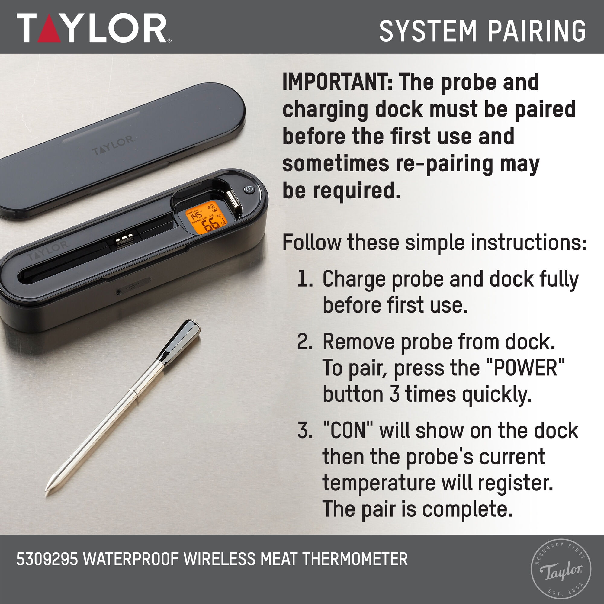 Taylor Waterproof Bluetooth Digital Wireless Grill and Meat Thermometer with Smart Probe Black