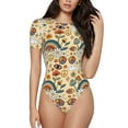 thumbnail image 2 of Uemuo Mushrooms And Rainbows Peace Pattern Women's One Piece Short Sleeve Swimsuit Rash Guard Surfing Modest Quick-drying Swimsuit Beach Essentials-, 2 of 9