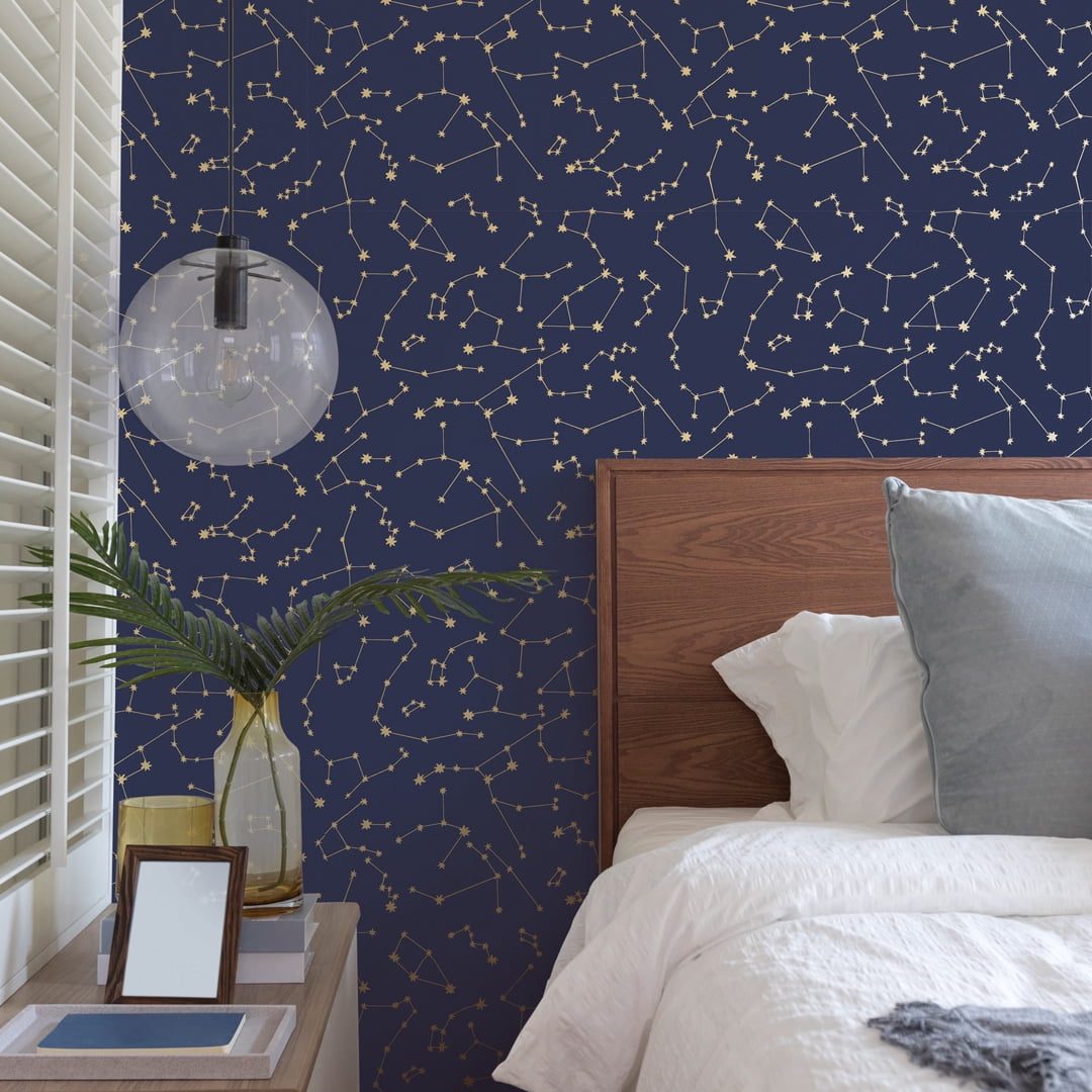 Tempaper x Novogratz Constellations Navy & Metallic Gold Peel and Stick Wallpaper, 20.5" x 16.5'