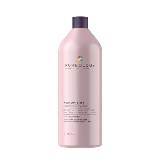 Pureology Pure Volume Conditioner 1 L in a sleek, pastel pink bottle with a purple cap. Designed for fine, colour-treated hair, this lightweight conditioner adds volume, moisturizes, detangles, and protects hair while enhancing colour brilliance. Features Pureology's AntiFade Complex and 100% vegan ingredients.