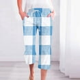 thumbnail image 2 of VERUGU Capri Pants for Women Fashion Plaid Print Pants Elastic Waist Drawstring Loose Casual Straight Leg Capris with Pockets Blue M, 2 of 5