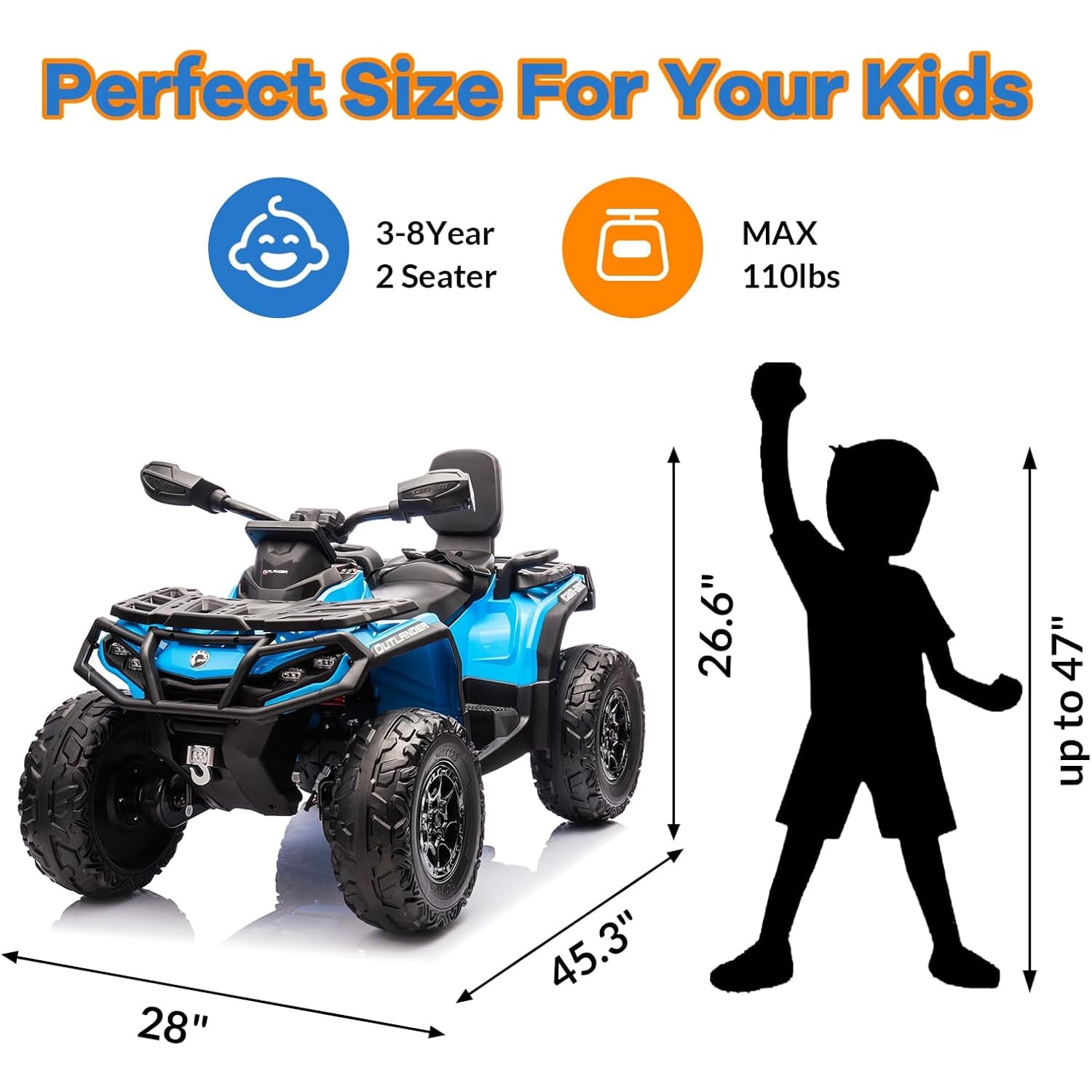 Roromall 2 Seater Ride On ATV for Kids, 24V Ride On Toy Car with Leather Seat, EVE Wheels, LED Lights, 2WD/4WD Power, Music, 4 Wheeler Electric Car Battery Powered for Boys Girls