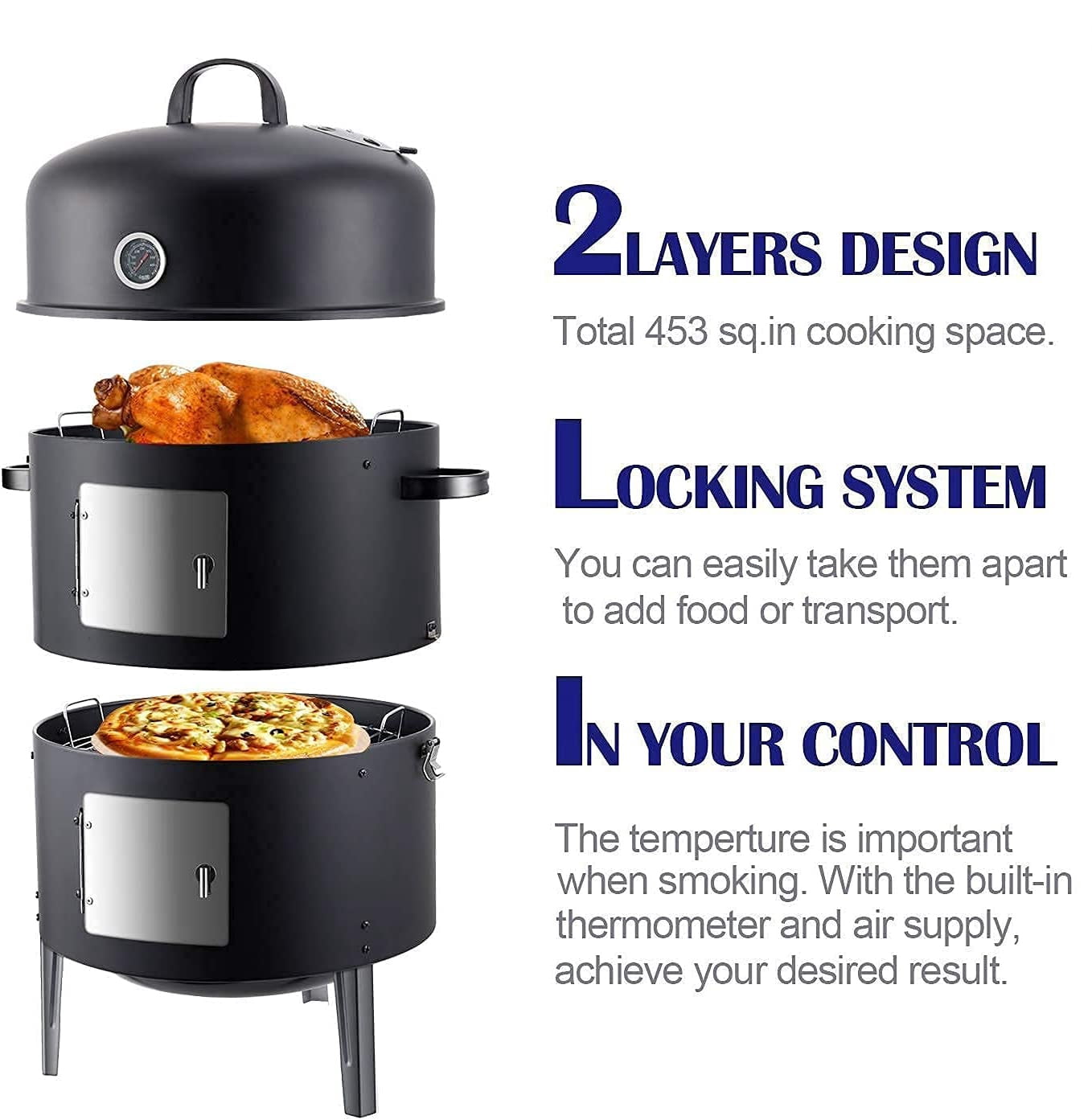 3-in-1 Charcoal BBQ Smoker, Outdoor Grill Cooker with Built-in Thermometer and 6 Ways for Outdoor Backyard Cooking Grilling Camping