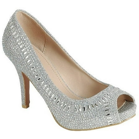 Silver Rhinestone Pumps Bright-02 Women Party Prom Bridal Wedding Rhinestone Low Heel Platform Open Toe Pump Shoe Silver ()