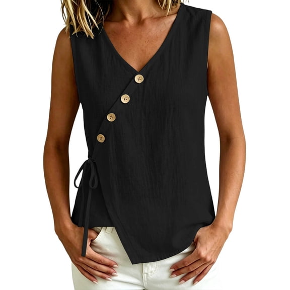 Qiopertar Women's Linen Tank Tops Sleeveless V Neck Button Down Casual Summer Blouses Boho Wrap Tie Front Loose Beach Tops, Black XXL