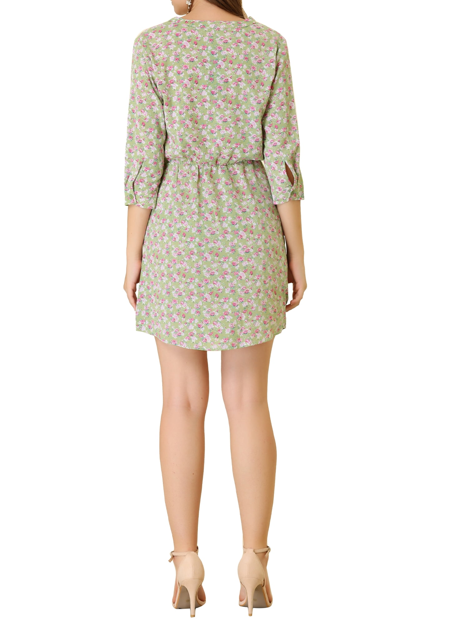 DARING DIVA Floral Print V Neck 3/4 Sleeve Vintage A-Line Dress M White XS Green