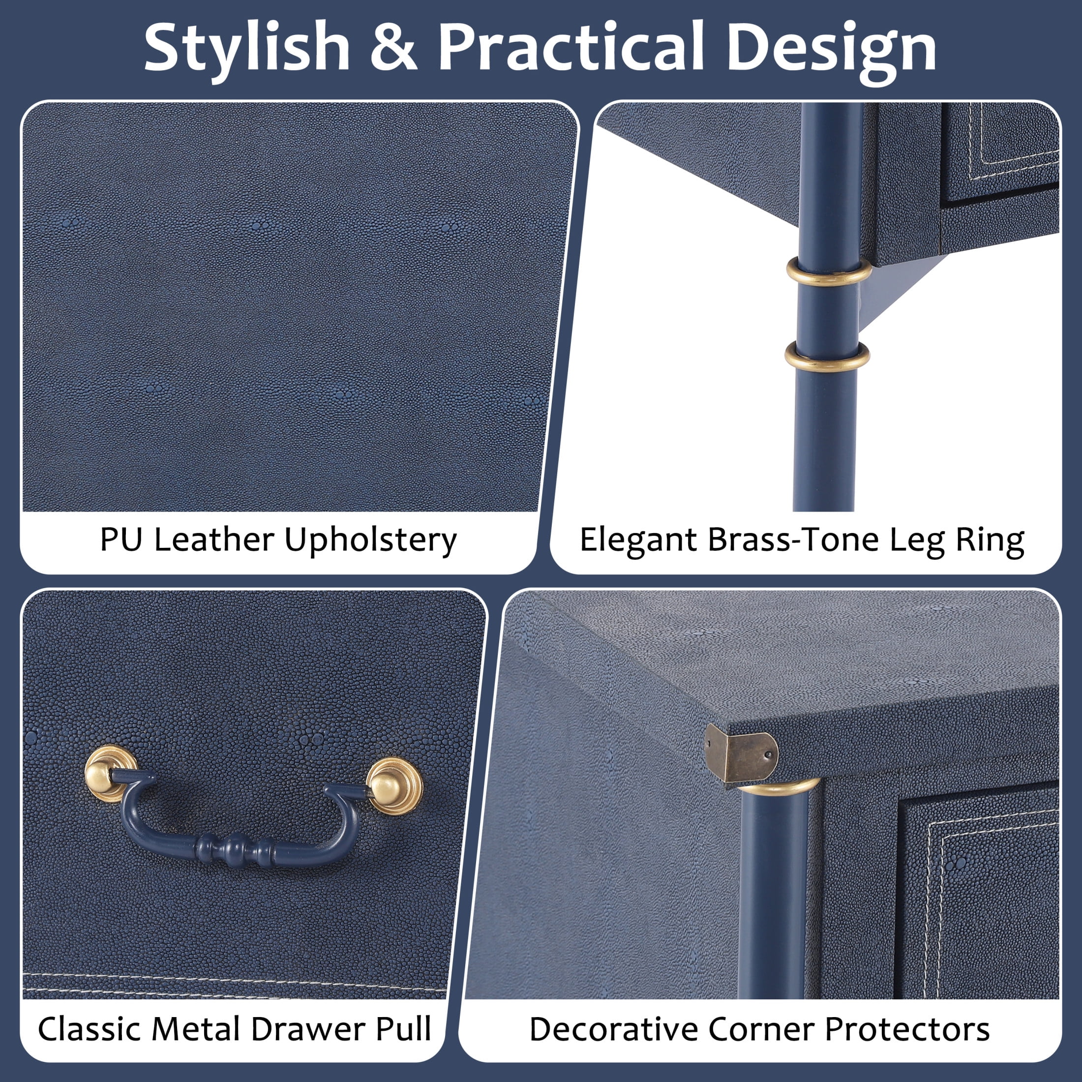 Christopher Knight Home Vintage Nightstand with 2 Drawers, PU Upholstered Bedside Table, Navy Blue