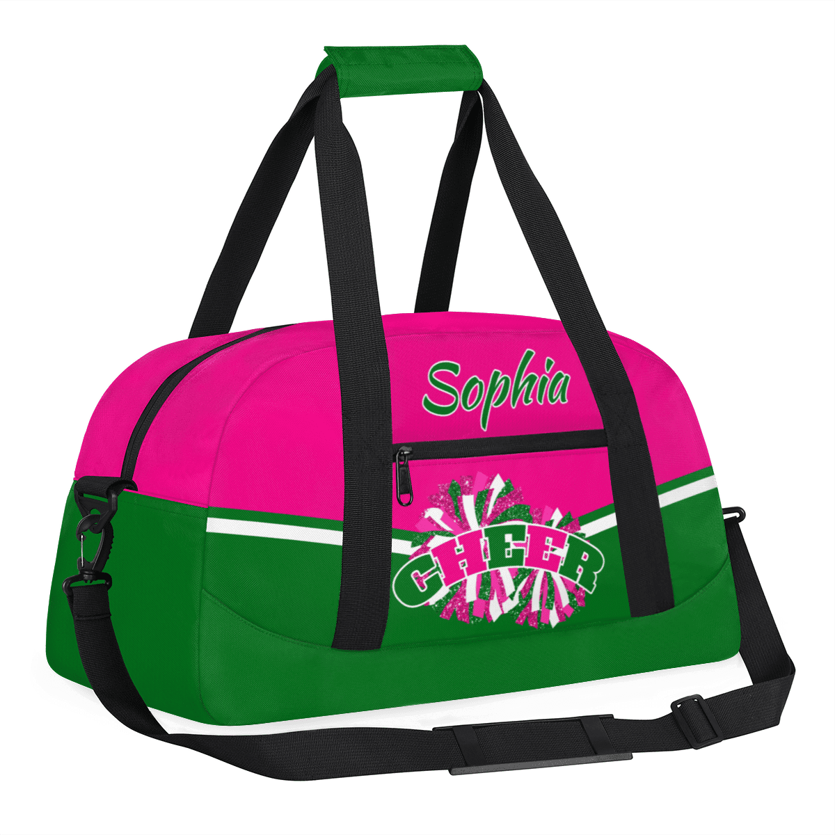 Jiaoprinted Personalized Cheer Bag, Custom Sport Duffel Bag with Name, Customized Cheerleader Dance Bag, Sport Gym Bag Overnight Weekender Bags, Pink Green