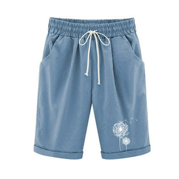 Womens Cotton Linen Shorts Elastic Waist Drawstring Print Knee Length Shorts Casual Loose Lounge Shorts with Pockets