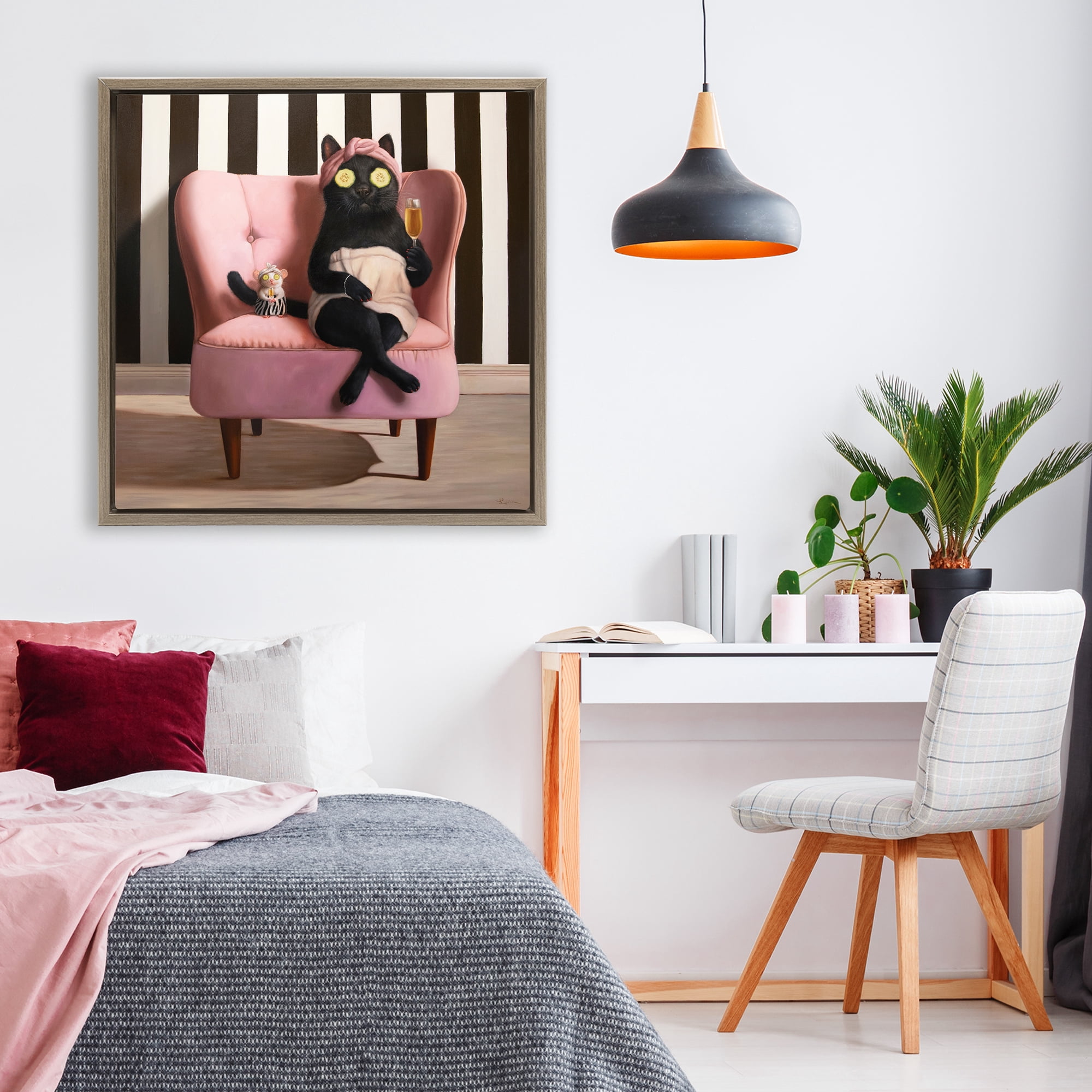 Stupell Industries Pamper Party Cat Brown Framed Floater Canvas Wall Art, design by Lucia Heffernan