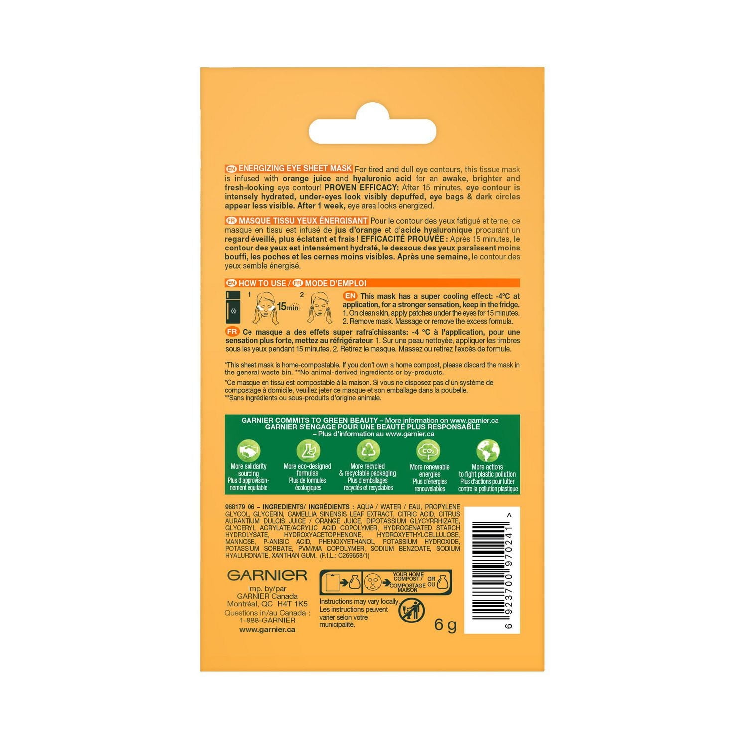 Garnier Skinactive Bombe à l'humidité Masque Sachet pour les yeux Avec Jus d'Orange