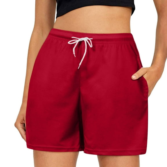 VNKIDY Womens Solid Color High Waisted Casual Shorts Drawstring Waistband Side Pockets Lightweight Comfy Summer Shorts For Daily Beach Wear Red XXL