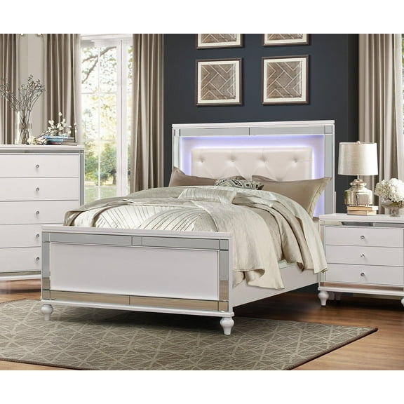 Contemporary White Metallic Finish Queen Bed 1pc Button-Tufted LED Headboard Faux Alligator Embossed Textural Panels