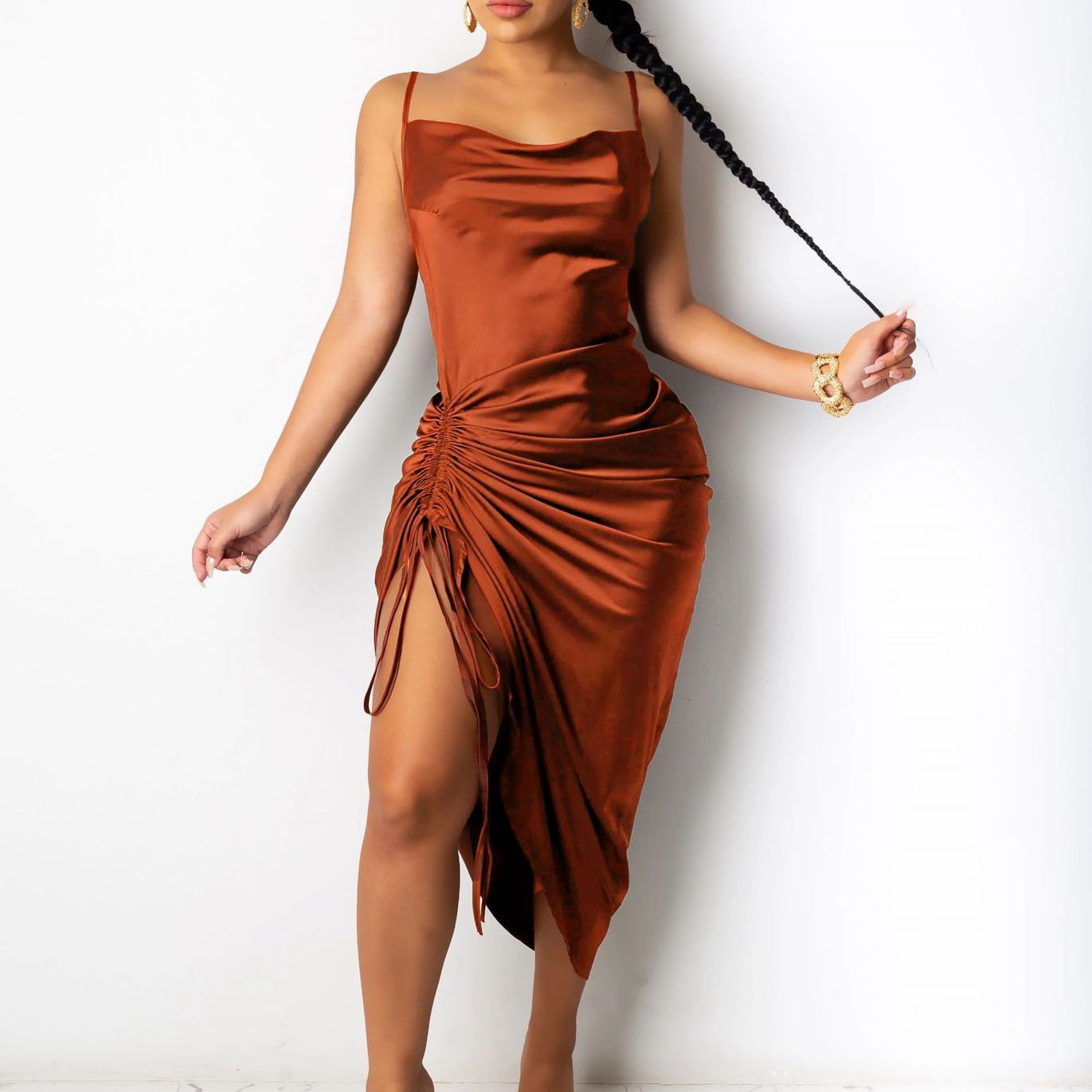 Buy LIGHT-BROWN SPAGHETTI STRAP RUCHED BODYCON DRESS for Women Online in  India