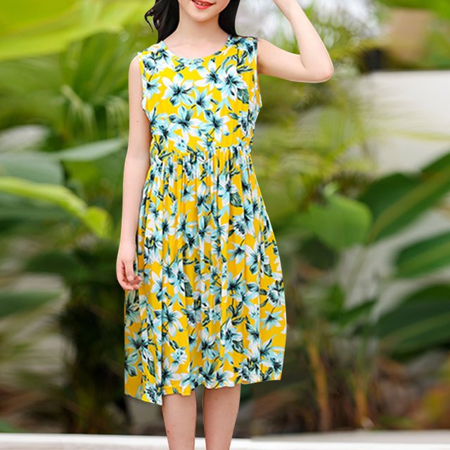 LOVZFMLL Robe de Princesse Imprimée pour Femmes 4-14 Ans Manches Longues Col Rond