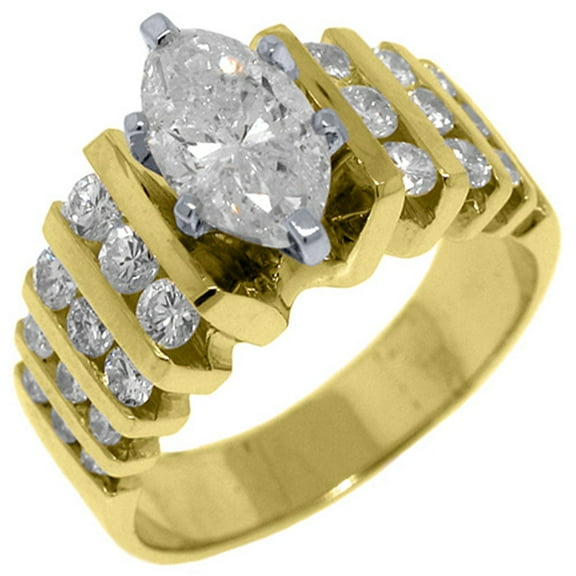14k Yellow Gold 2.77 Carats Marquise & Brilliant Round Diamond Engagement Ring