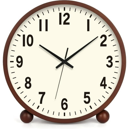 8 Inch Wooden Silent Non-Ticking Desk Clock, Battery Operated Desktop Analog Clock for Living Room, Bedroom, Kitchen, Office, and Classroom Decor (Walnut-Cream Finish)