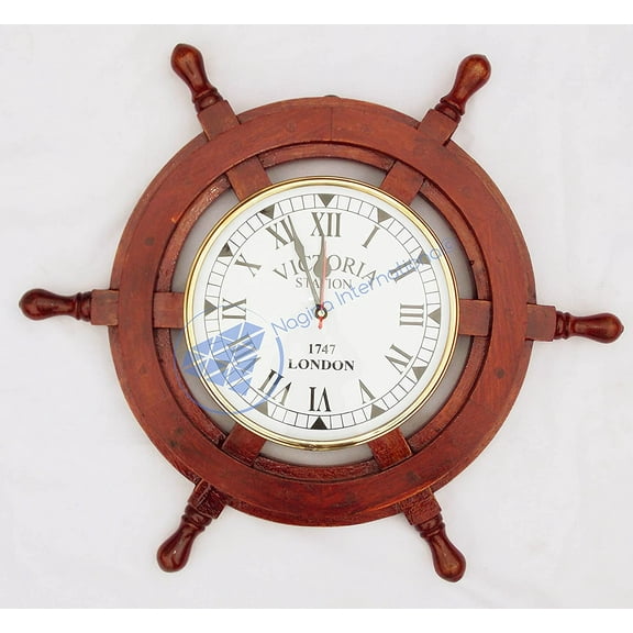Nagina International 18" Nautical Ship Wheel with 8" Clock - Pirate Home Decor