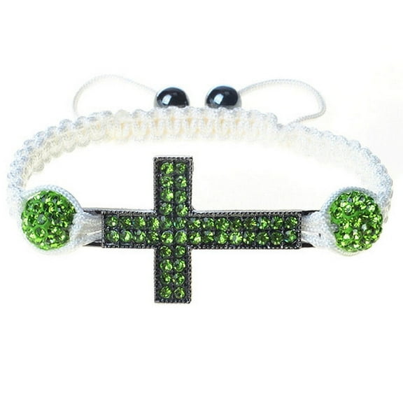 Silver-Tone Cross Green CZ White Cord Macrame Beaded Adjustable Bracelet