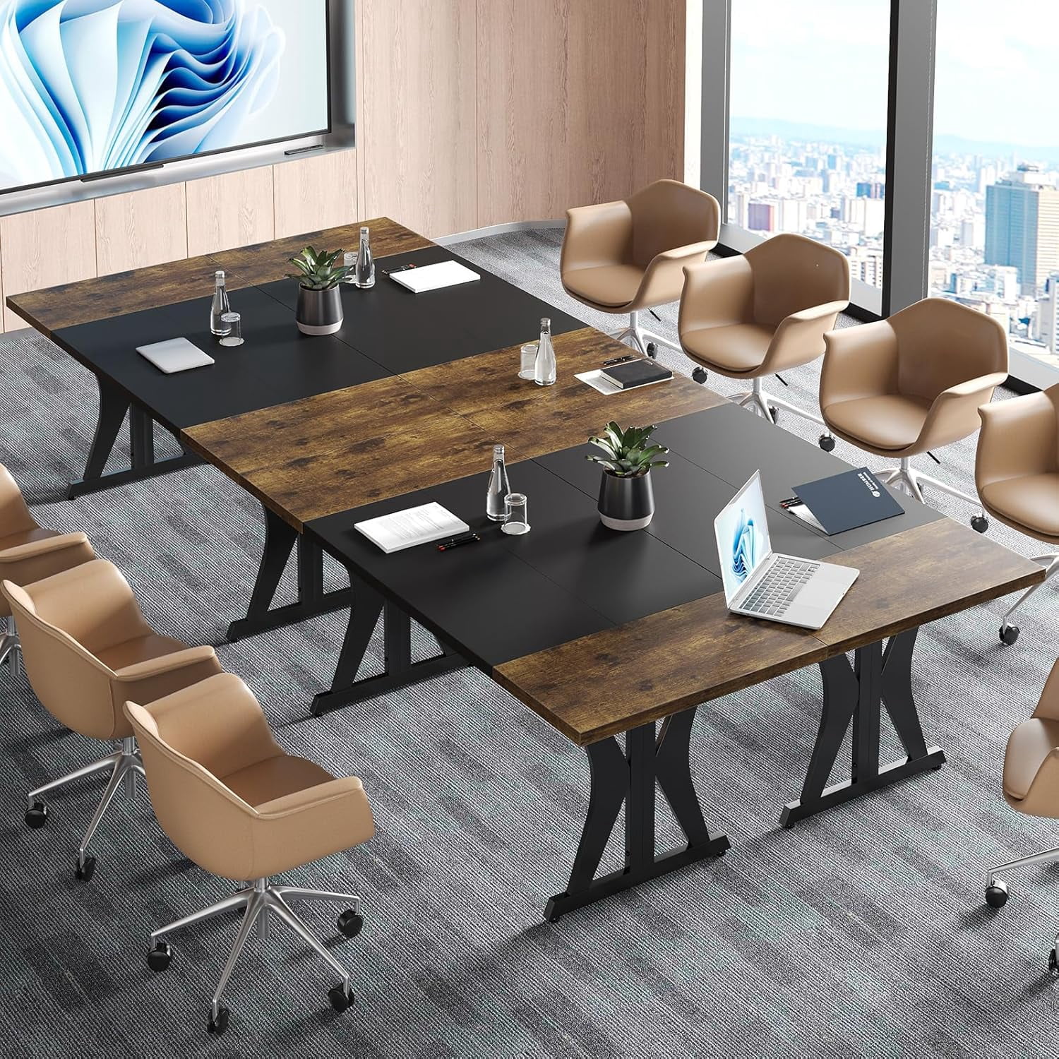 70-Inch Large Executive Desk with Thickened Desktop, Wood and Metal Conference Table for Home Office, Rustic Brown
