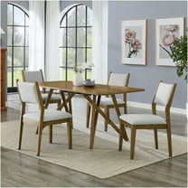 JERFIT 5-Piece Rectangular Dining Table Set with Geometric Cross Base, Brown Oak Finish, Light Gray Fabric Chairs for 6-Seater Modern Dining Room