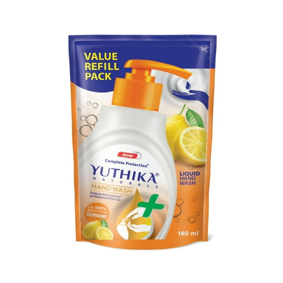Yuthika Naturals Complete Protection Hand Wash with 100% Natural Extracts for Hand Hygiene & Germ protection with pH Balanced Formula 180ml Lemon