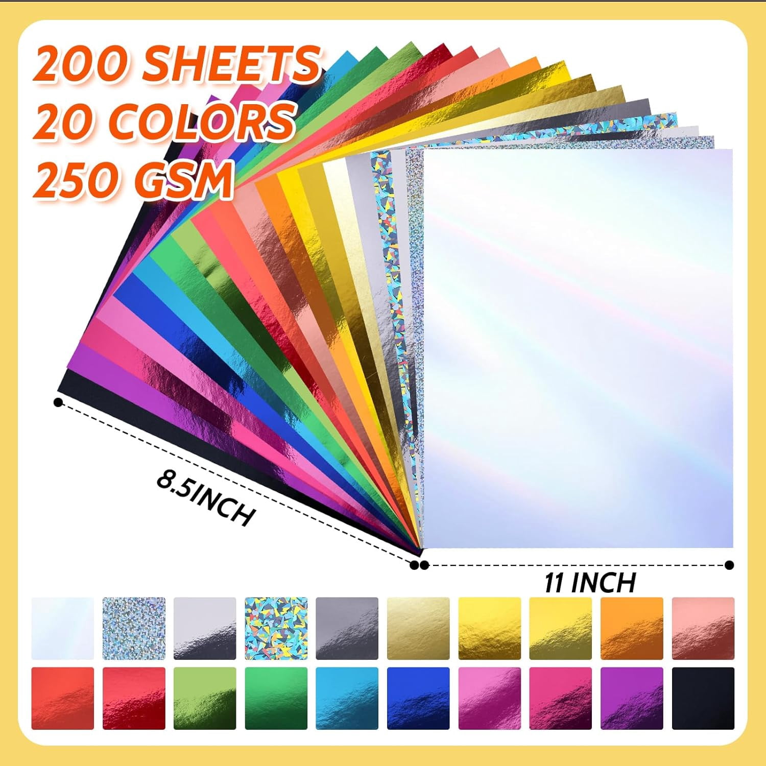200 Sheets Metallic Mixed Cardstock Paper Bulk 20 Colors,Foil Board Paper 8.5" x 11", Mirror Finish Surface, Assorted Mixed Glitter Paper 250gsm for Crafting Card Making Invitations Decorations