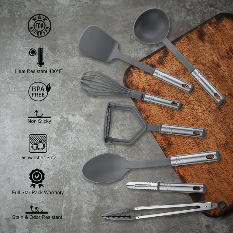 Lux Decor Collection Kitchen Utensils Set - Nylon and Stainless Steel  Cooking Utensils Set - Gray Kitchen Starter Set