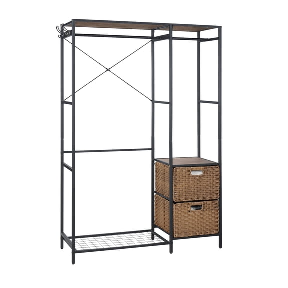 Acacia Wood Garment Racks with Shelves 2 Wicker Drawers and 4 Hooks Heavy Duty Closet Organizer for Hanging Clothes, Freestanding Closet Wardrobe Rack, Vintage Brown