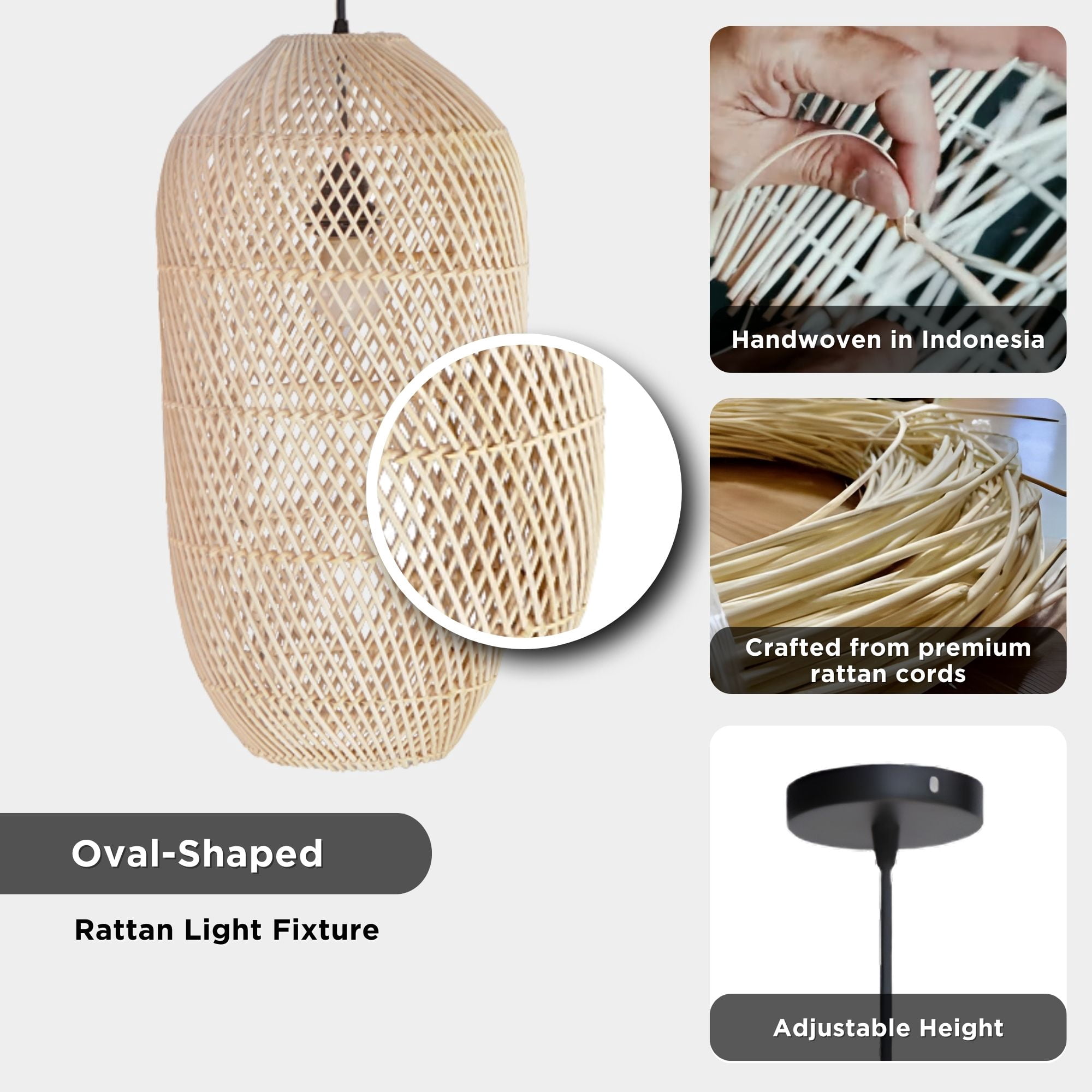 FOREVER BAMBOO Handcrafted Indonesian Natural Rattan Pendant Light Shade Wicker Light Fixtures Luxurious Cylinder Shape Woven Lampshade Chandelier Interior Decor, 21 in H x 10 in W